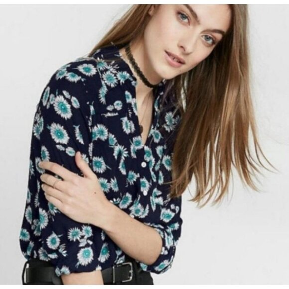 Express Portofino Teal & Black Floral Roll Tab Long Sleeve Womens Top Size Large - Picture 5 of 9